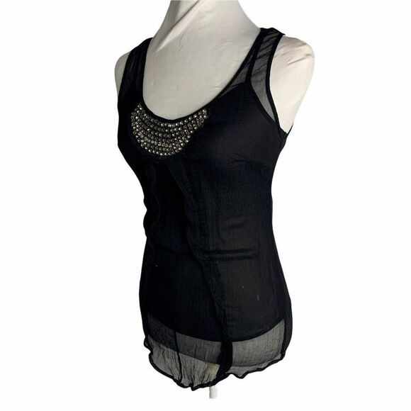 Vintage Silk Chiffon Tank Top S Black Rhinestones Adjustable Spaghetti Straps - Picture 5 of 6